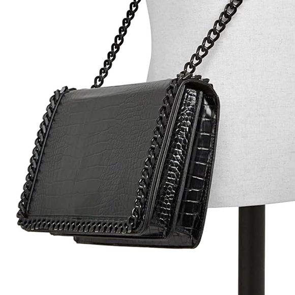 Aldo Black Crocodile Embossed Black Metal Chain Crossbody Bag and Handbag NWOT - Picture 3 of 12